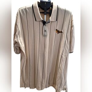 Vintage Reebok Golf Beige Pinstripe Polo Shirt XXL Bird Logo Cotton Blend